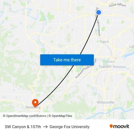 SW Canyon & 107th to George Fox University map