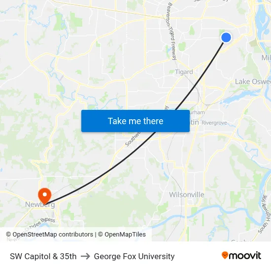 SW Capitol & 35th to George Fox University map
