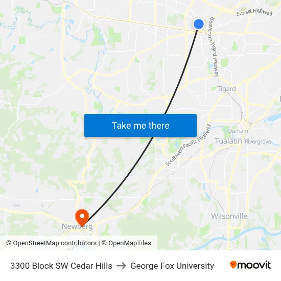 3300 Block SW Cedar Hills to George Fox University map