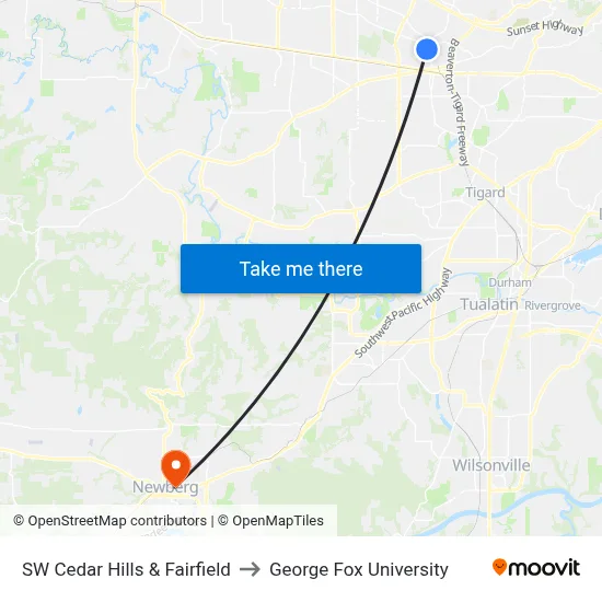 SW Cedar Hills & Fairfield to George Fox University map
