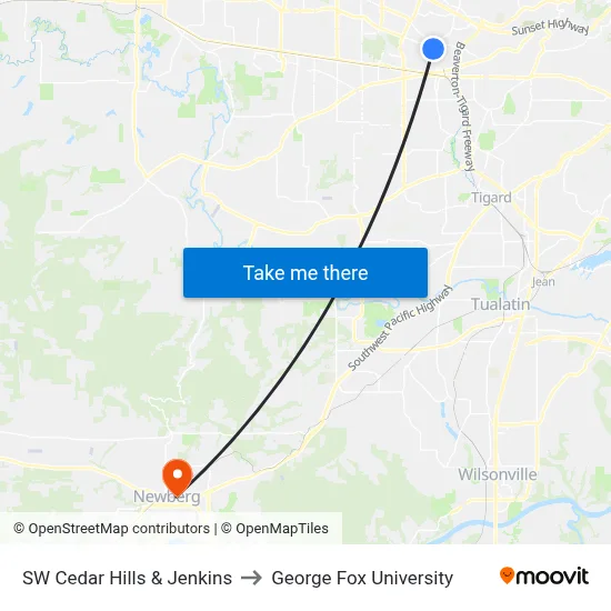 SW Cedar Hills & Jenkins to George Fox University map