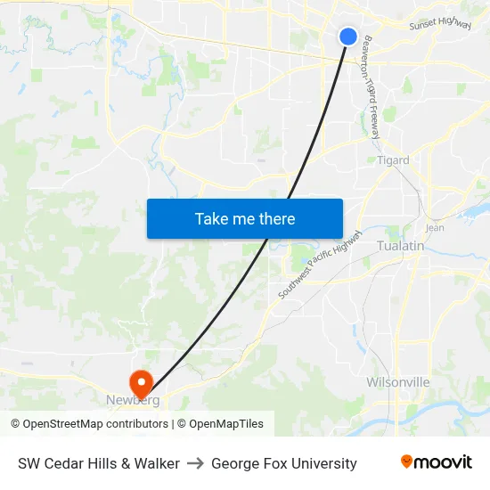 SW Cedar Hills & Walker to George Fox University map