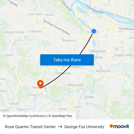 Rose Quarter Transit Center to George Fox University map