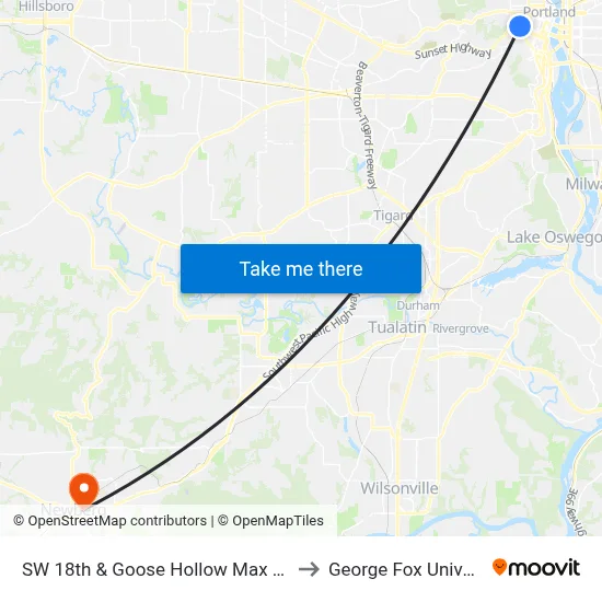 SW 18th & Goose Hollow Max Station to George Fox University map