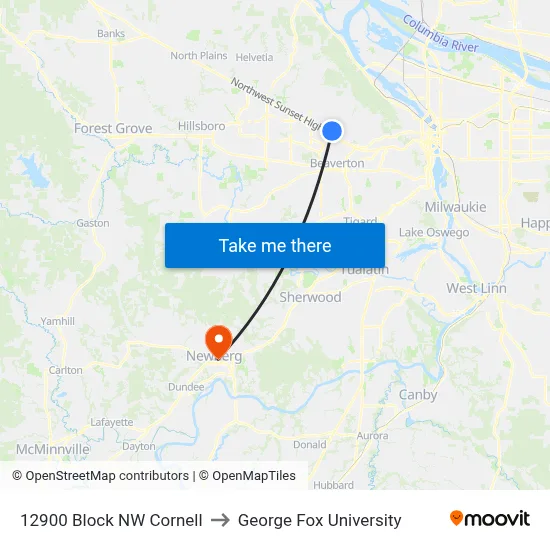 12900 Block NW Cornell to George Fox University map