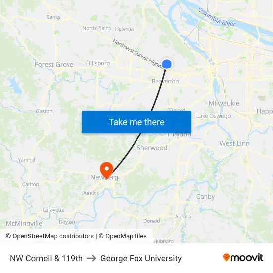 NW Cornell & 119th to George Fox University map