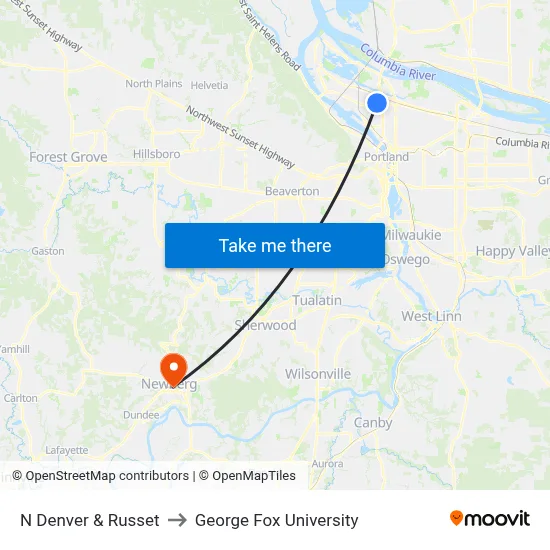 N Denver & Russet to George Fox University map
