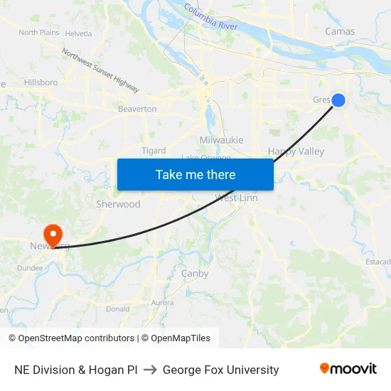 NE Division & Hogan Pl to George Fox University map