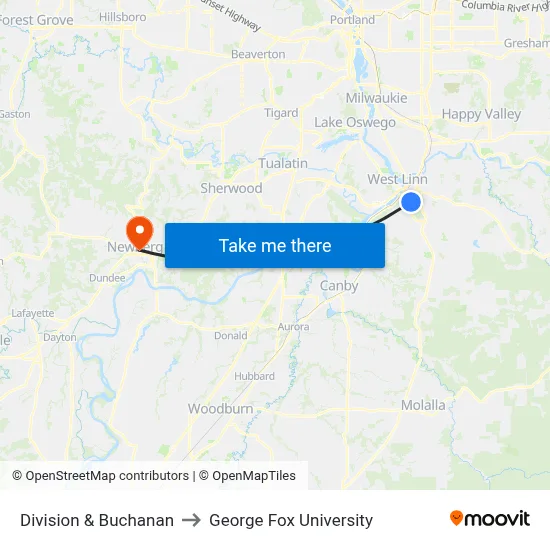 Division & Buchanan to George Fox University map