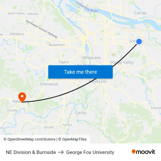 NE Division & Burnside to George Fox University map