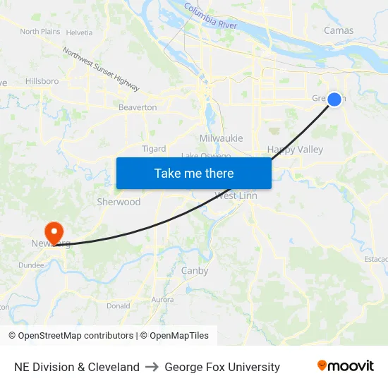 NE Division & Cleveland to George Fox University map