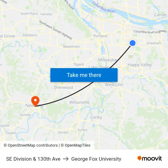 SE Division & 130th Ave to George Fox University map