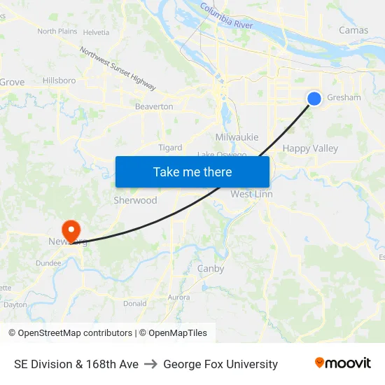 SE Division & 168th Ave to George Fox University map