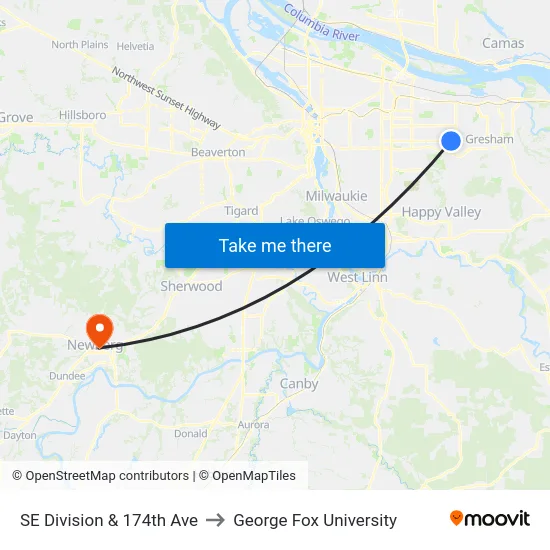 SE Division & 174th Ave to George Fox University map