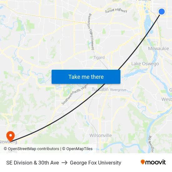 SE Division & 30th Ave to George Fox University map