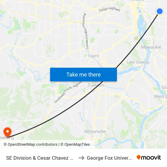 SE Division & Cesar Chavez Blvd to George Fox University map