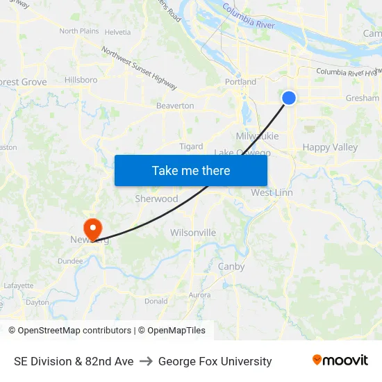 SE Division & 82nd Ave to George Fox University map