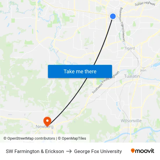 SW Farmington & Erickson to George Fox University map