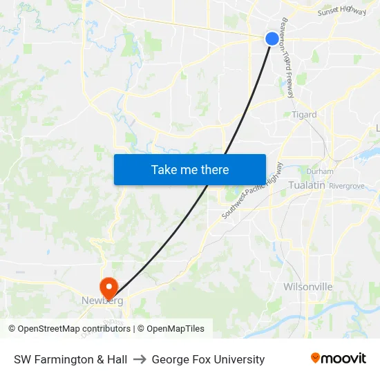 SW Farmington & Hall to George Fox University map