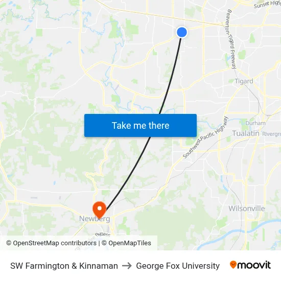 SW Farmington & Kinnaman to George Fox University map