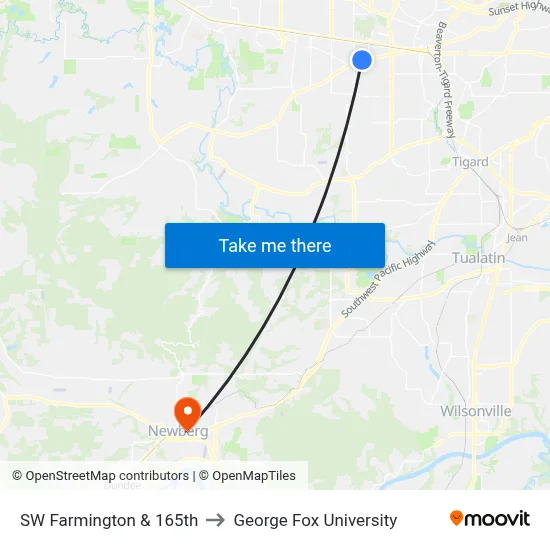 SW Farmington & 165th to George Fox University map