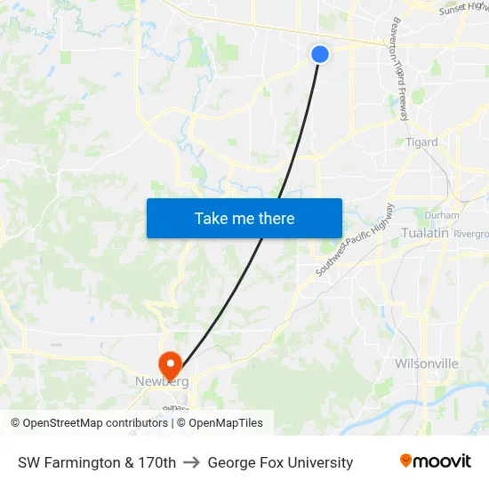 SW Farmington & 170th to George Fox University map