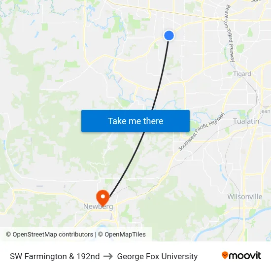 SW Farmington & 192nd to George Fox University map