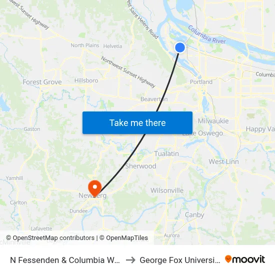 N Fessenden & Columbia Way to George Fox University map