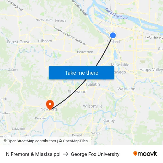 N Fremont & Mississippi to George Fox University map