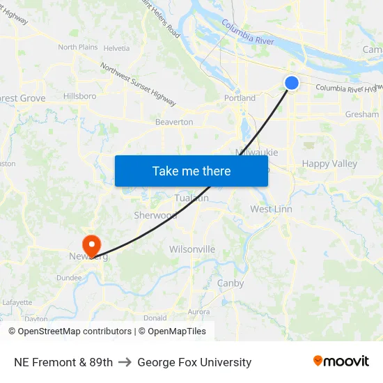 NE Fremont & 89th to George Fox University map