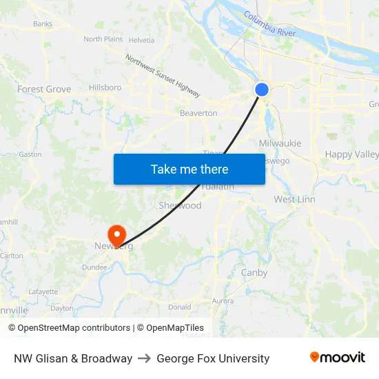 NW Glisan & Broadway to George Fox University map