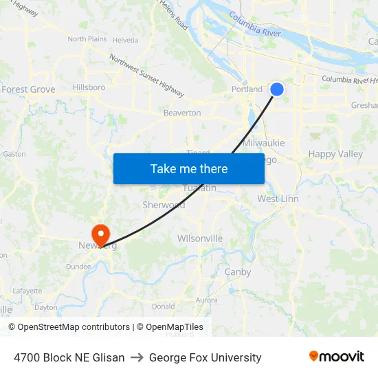 4700 Block NE Glisan to George Fox University map