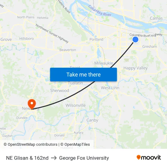 NE Glisan & 162nd to George Fox University map