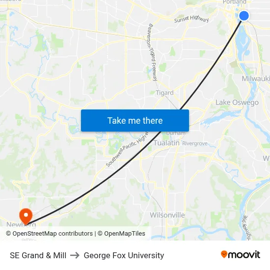 SE Grand & Mill to George Fox University map