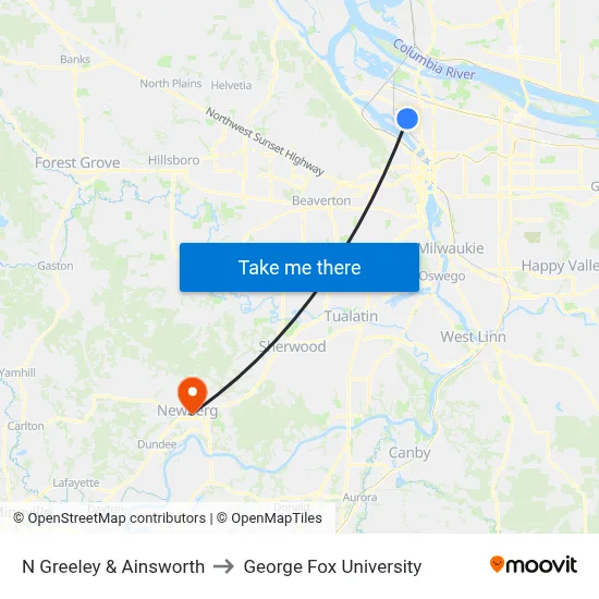 N Greeley & Ainsworth to George Fox University map