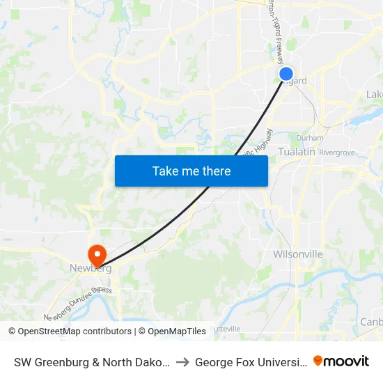SW Greenburg & North Dakota to George Fox University map