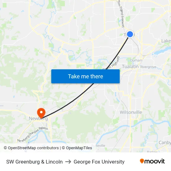 SW Greenburg & Lincoln to George Fox University map