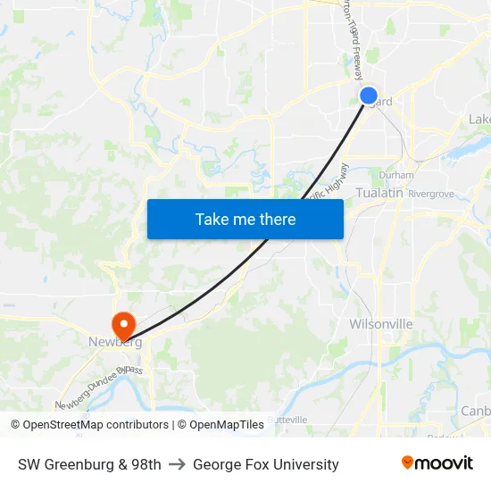 SW Greenburg & 98th to George Fox University map