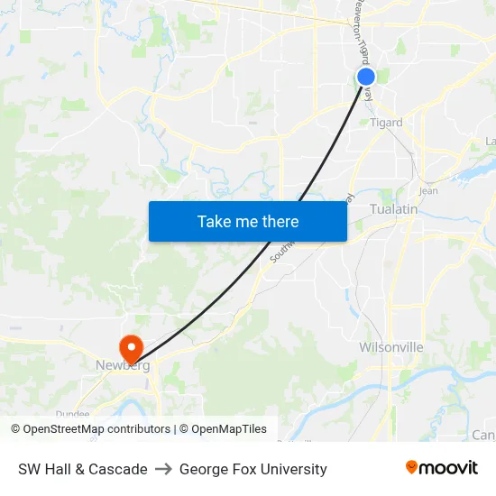 SW Hall & Cascade to George Fox University map