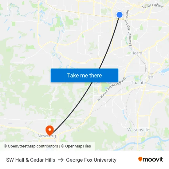 SW Hall & Cedar Hills to George Fox University map