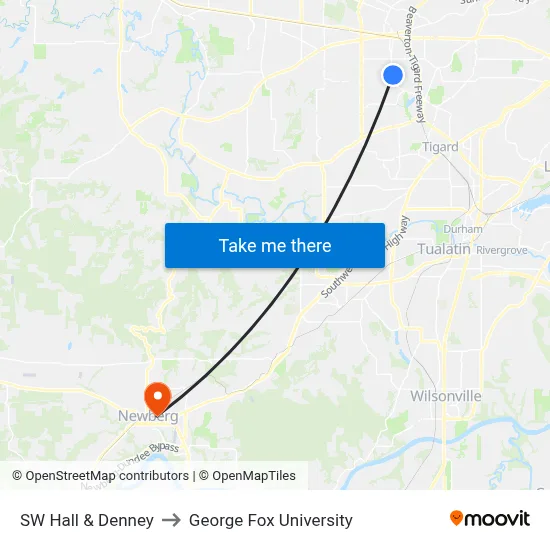 SW Hall & Denney to George Fox University map
