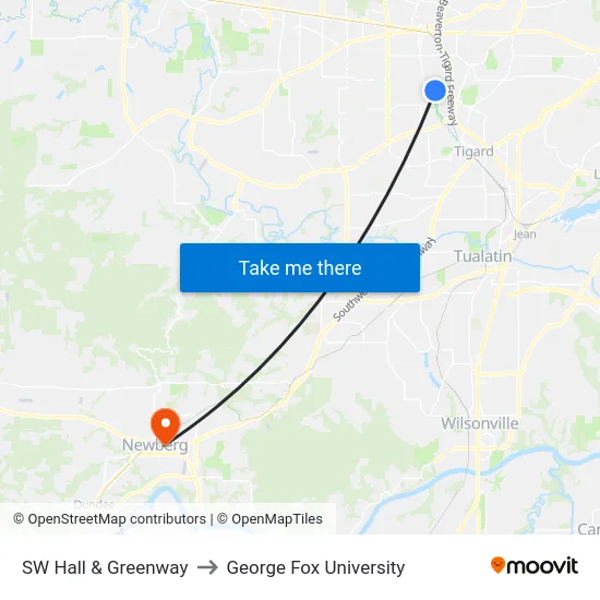 SW Hall & Greenway to George Fox University map