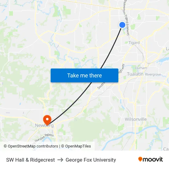 SW Hall & Ridgecrest to George Fox University map