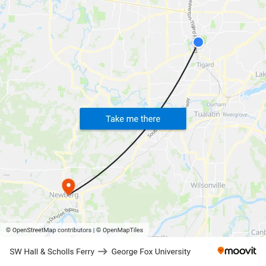 SW Hall & Scholls Ferry to George Fox University map