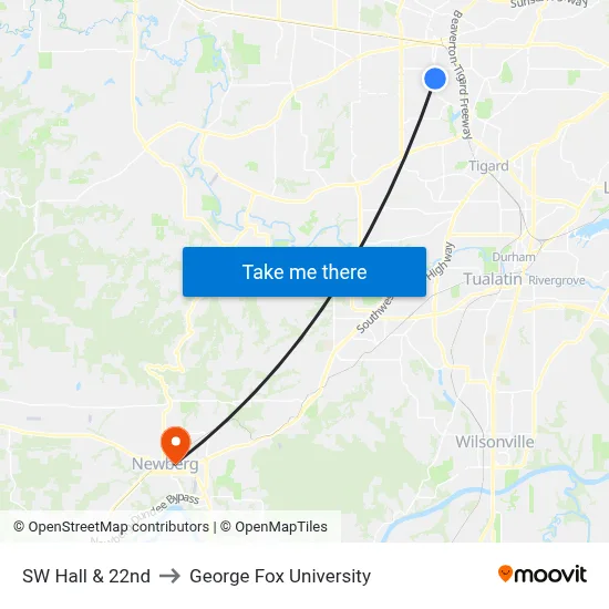 SW Hall & 22nd to George Fox University map