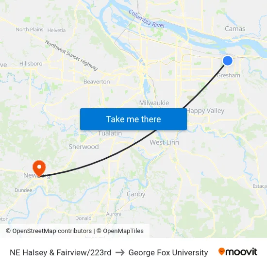 NE Halsey & Fairview/223rd to George Fox University map