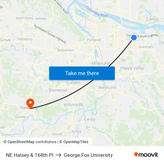 NE Halsey & 168th Pl to George Fox University map