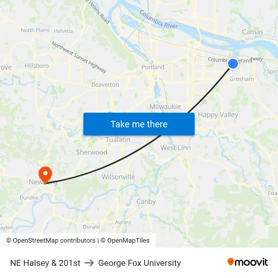 NE Halsey & 201st to George Fox University map
