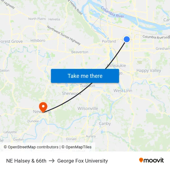NE Halsey & 66th to George Fox University map