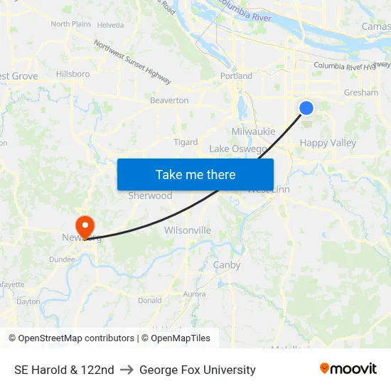 SE Harold & 122nd to George Fox University map